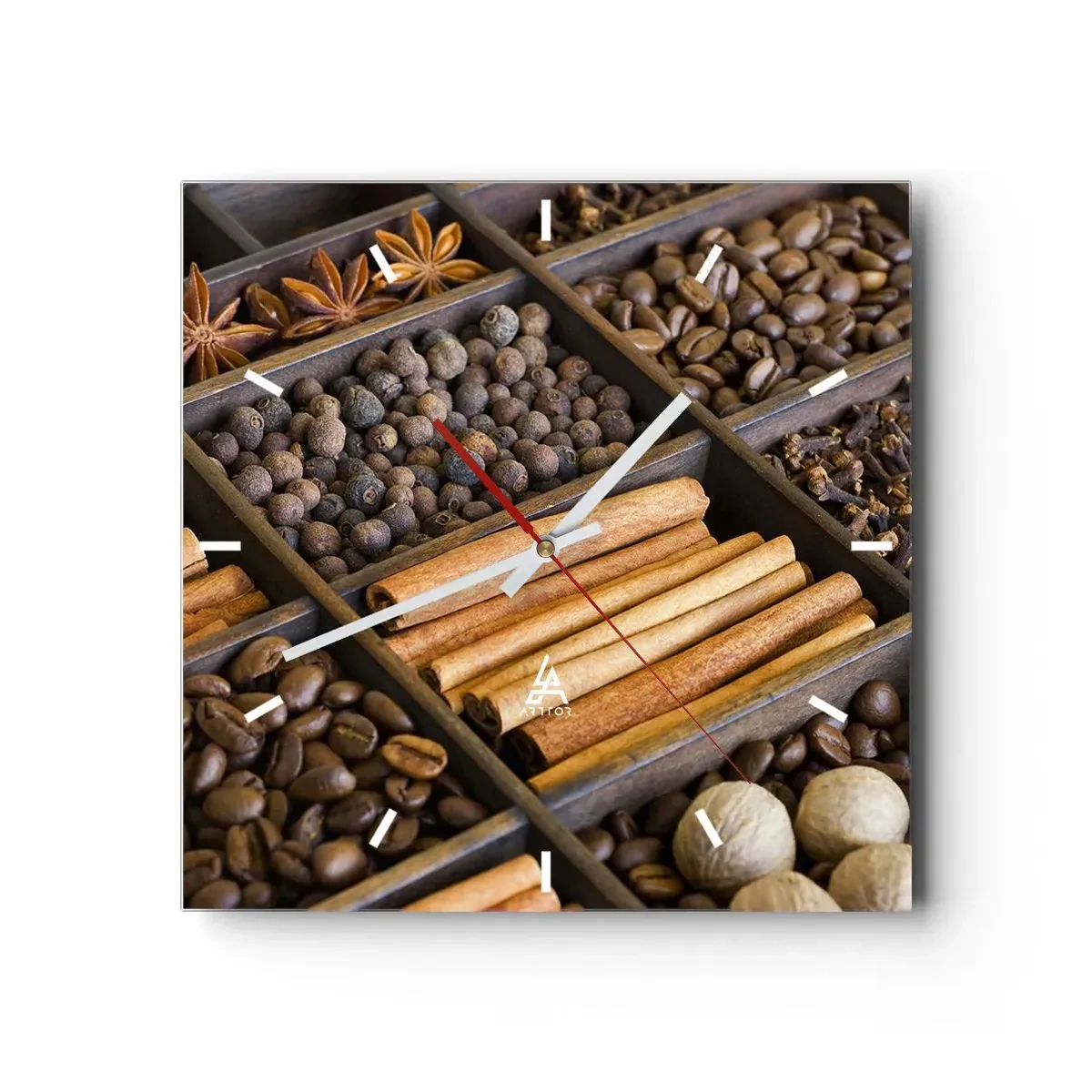 Wanduhr - Glasuhr - Gewürze und Kaffee in Holzfächern - 30x30cm - Eine Fundgrube an Aromen - Moderne Wanddekoration für Wohnzimmer und Schlafzimmer ARTTOR