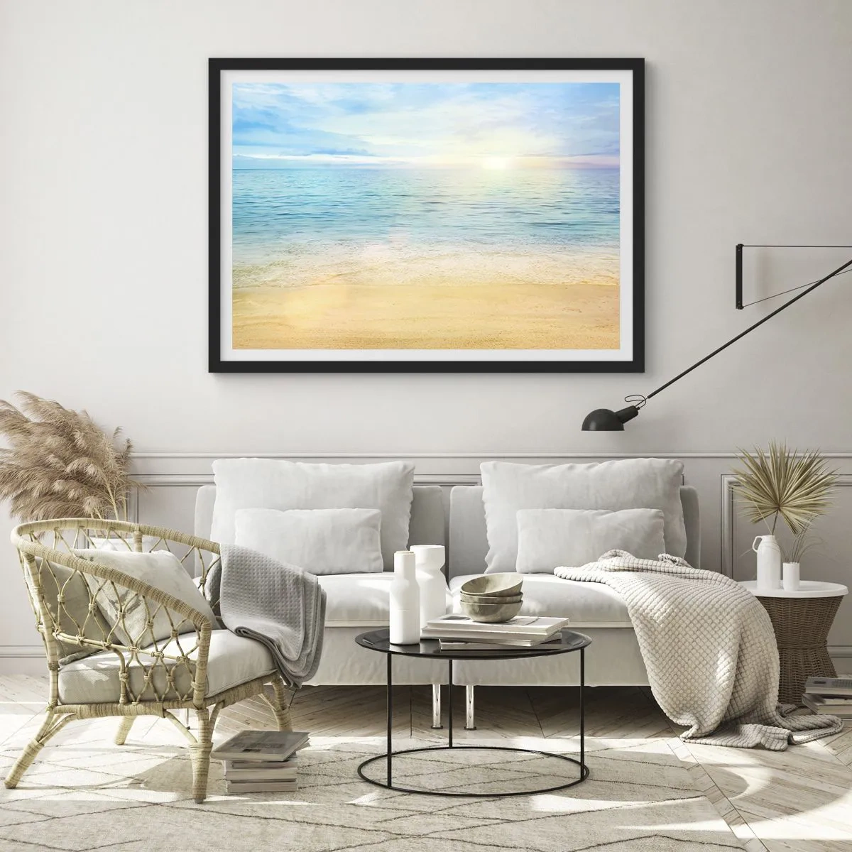 Poster in einem schwarzem Rahmen - Ein Strand mit türkisfarbenem Meer und klarem Himmel - 100x70cm - Großes Blau - Moderne Wanddekoration für Wohnzimmer und Schlafzimmer ARTTOR