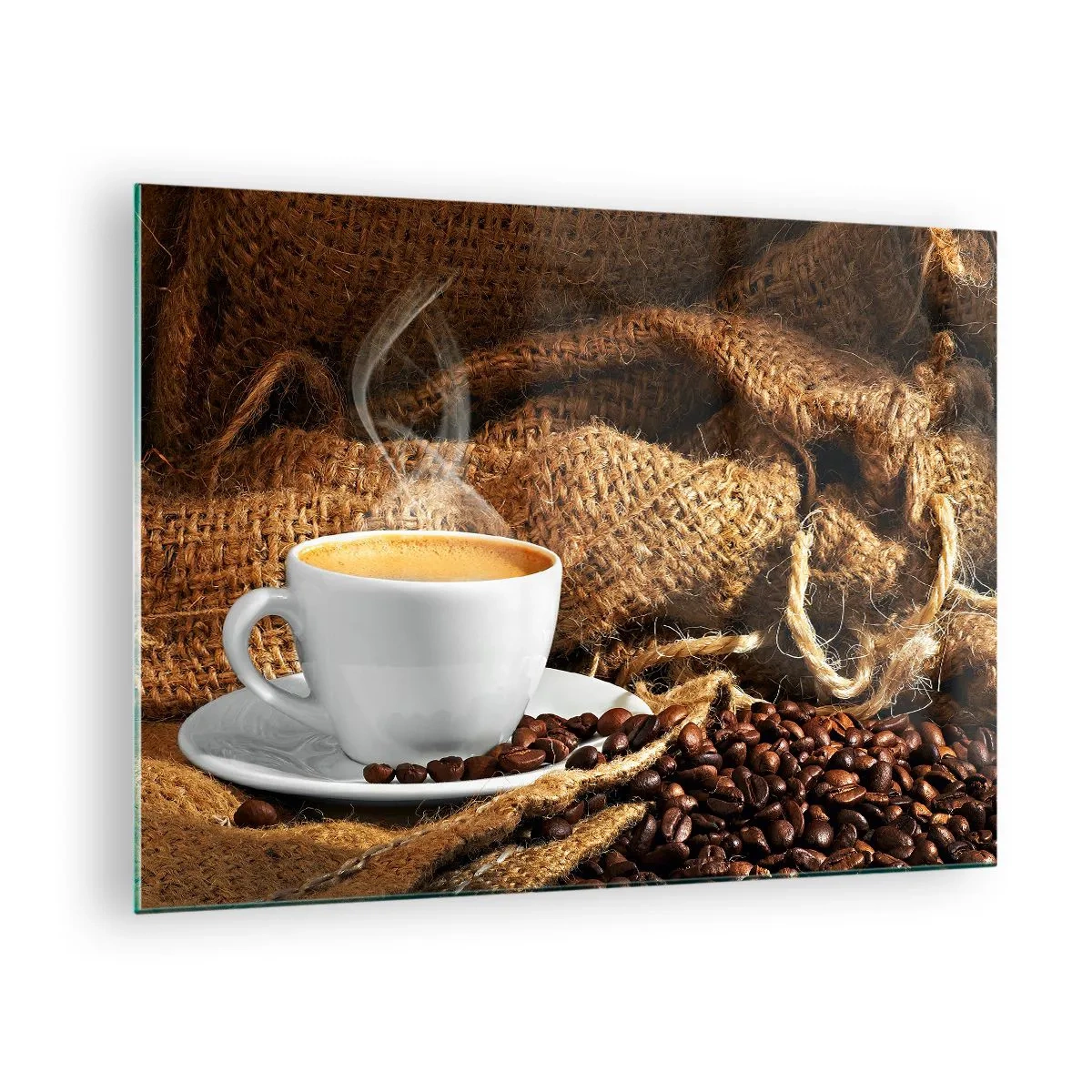 Glasbild - Bild auf glas - Eine Tasse Kaffee mit Bohnen auf einem Jute-Hintergrund - 70x50cm - Der Geruch von Mokka und die Dicke der Honigflüssigkeit - Moderne Wanddekoration für Wohnzimmer und Schlafzimmer ARTTOR