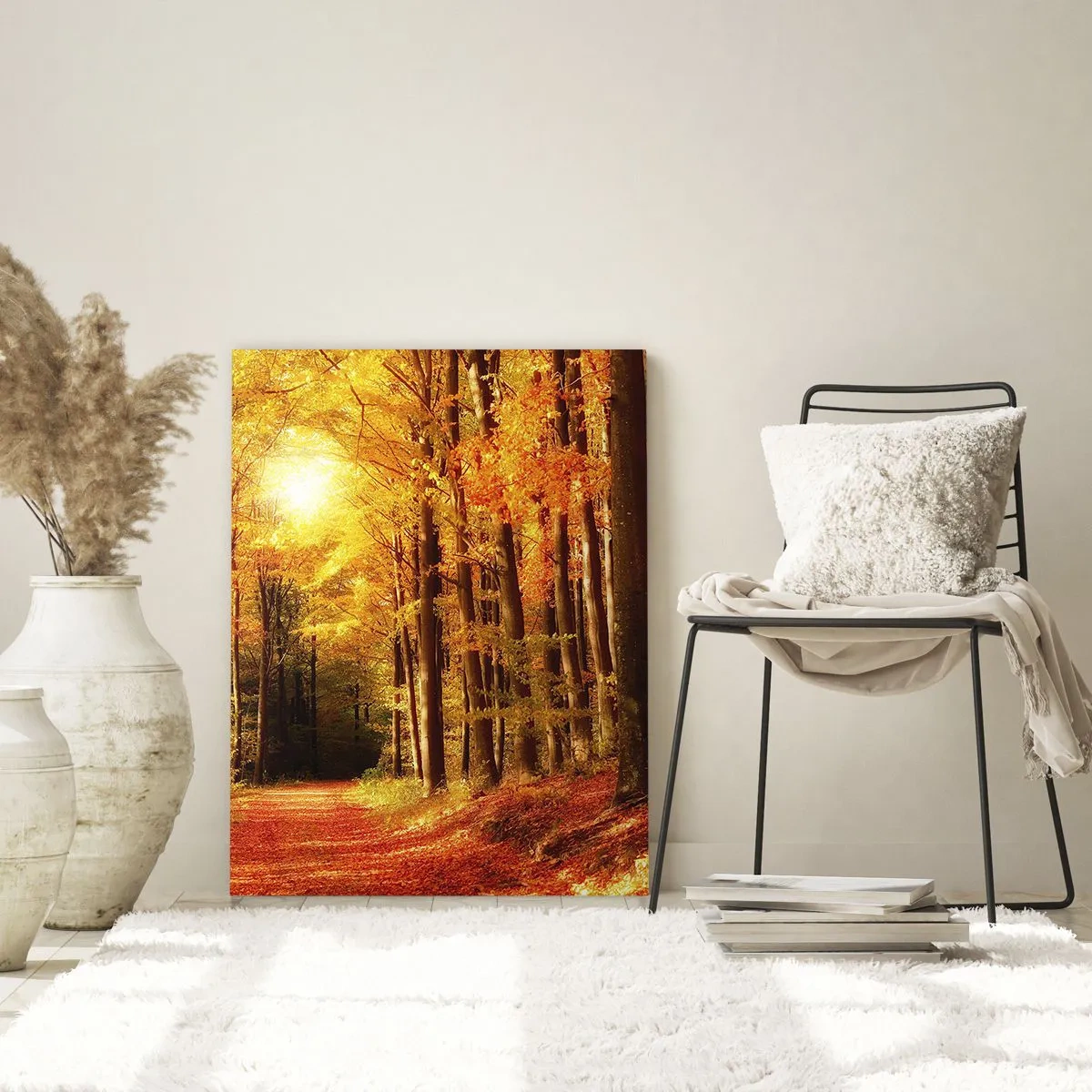 Glasbild - Bild auf glas - Herbstwald mit Sonnenstrahlen, die durch die Bäume scheinen - 70x100cm - Goldener Herbst auf einer Forststraße - Moderne Wanddekoration für Wohnzimmer und Schlafzimmer ARTTOR
