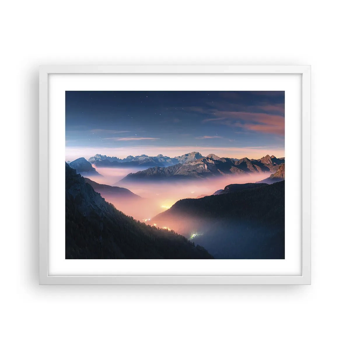 Poster in einem weißen Rahmen - Licht in den Tälern - 50x40 cm