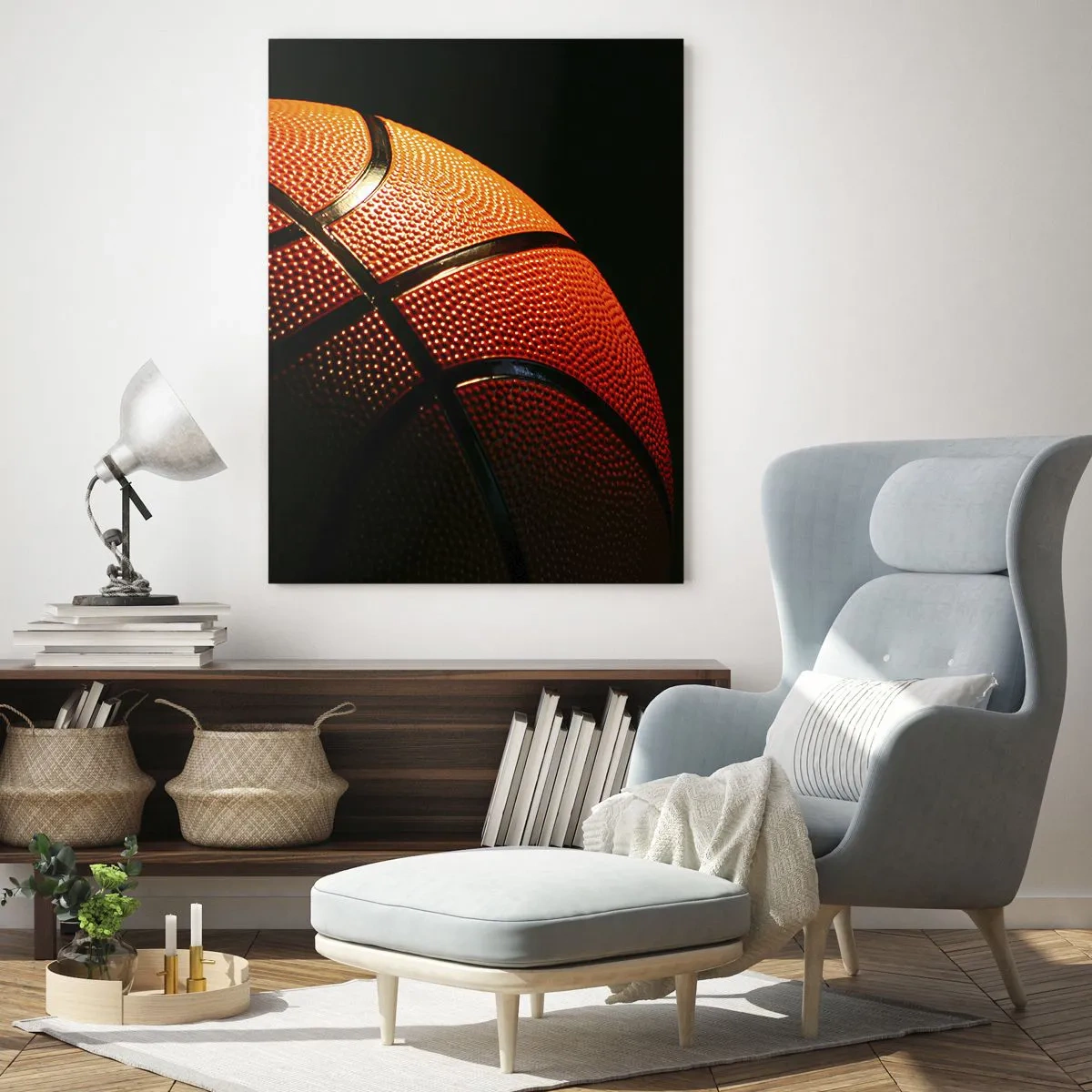 Glasbild - Bild auf glas - Nahaufnahme eines Basketballs vor schwarzem Hintergrund - 70x100cm - Schön wie ein Planet - Moderne Wanddekoration für Wohnzimmer und Schlafzimmer ARTTOR
