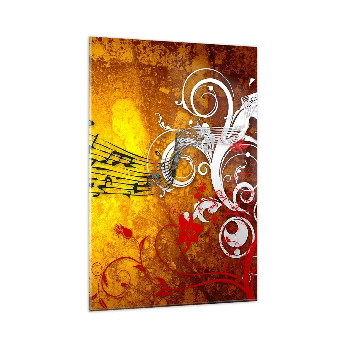 Glasbild - Bild auf glas - Abstrakte Musiknoten auf einem bunten Hintergrund mit Ornamenten - 80x120cm - Lass die Musik fließen - Moderne Wanddekoration für Wohnzimmer und Schlafzimmer ARTTOR