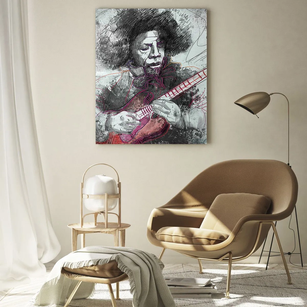 Glasbild - Bild auf glas - Künstlerisches Portrait eines Musikers mit E-Gitarre - 50x70cm - Auf den Wellen der Musik - Moderne Wanddekoration für Wohnzimmer und Schlafzimmer ARTTOR