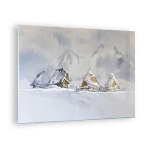 Glasbild - Bild auf glas - Winterlandschaft mit Hütte und Heuhaufen in den Bergen - 70x50cm - In einem verschneiten Talkessel - Moderne Wanddekoration für Wohnzimmer und Schlafzimmer ARTTOR