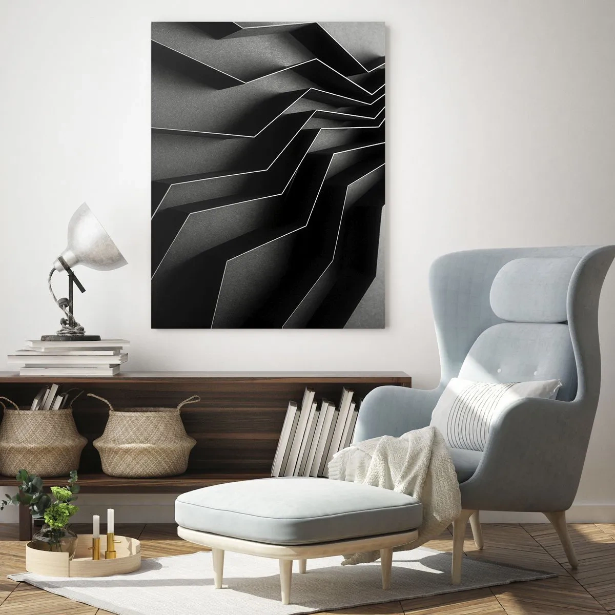 Glasbild - Bild auf glas - Schwarze geometrische Formen mit Tiefe und Helldunkel - 50x70cm - Räumliche Ordnung - Moderne Wanddekoration für Wohnzimmer und Schlafzimmer ARTTOR
