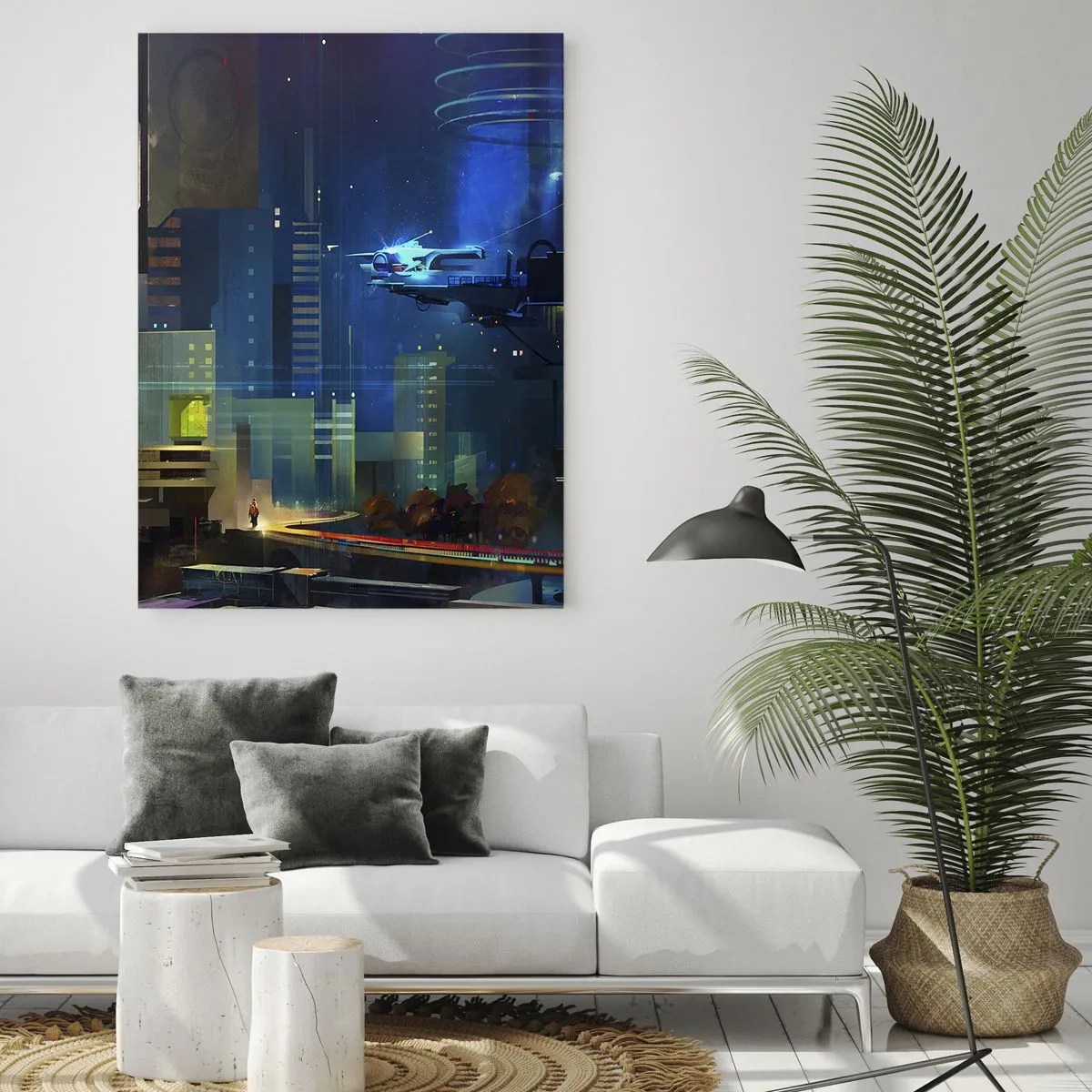 Glasbild - Bild auf glas - Futuristische Stadt bei Nacht mit Neonlichtern und einem fliegenden Fahrzeug - 70x100cm - In naher Zukunft - Moderne Wanddekoration für Wohnzimmer und Schlafzimmer ARTTOR