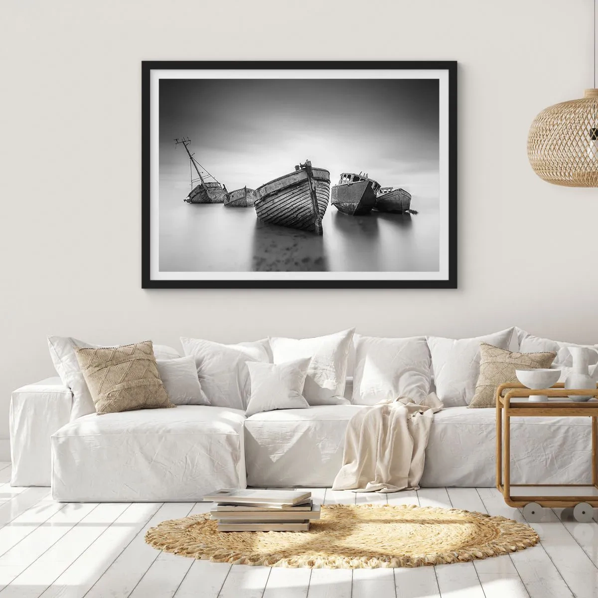 Poster in einem schwarzem Rahmen - Verlassene Boote auf ruhigem Wasser - 100x70cm - Nur Erinnerungen ... - Moderne Wanddekoration für Wohnzimmer und Schlafzimmer ARTTOR