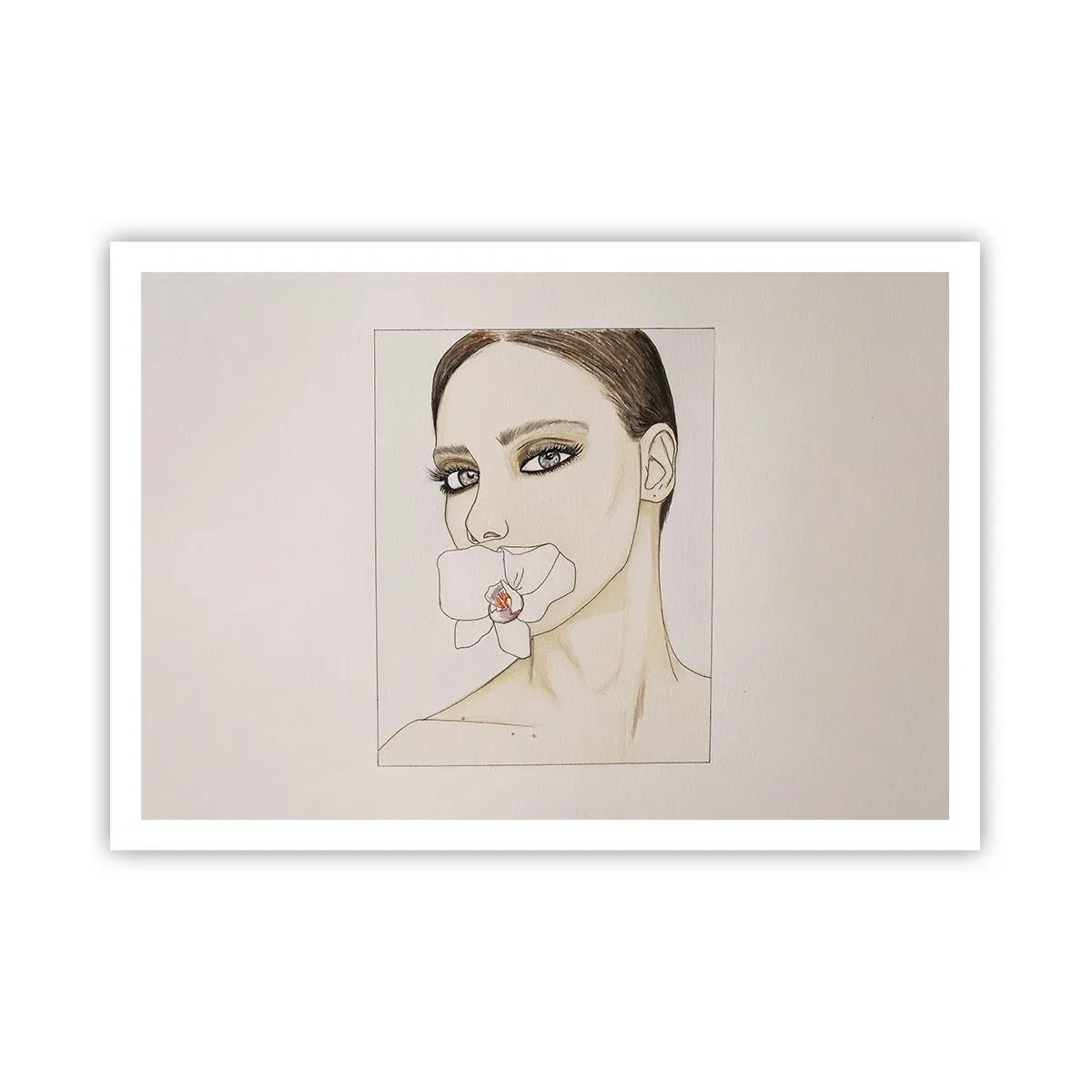 Poster - Porträt einer Frau mit einer Orchidee in zarten Farben - 100x70cm - Ein Symbol für Eleganz und Schönheit - Moderne Wanddekoration für Wohnzimmer und Schlafzimmer ARTTOR