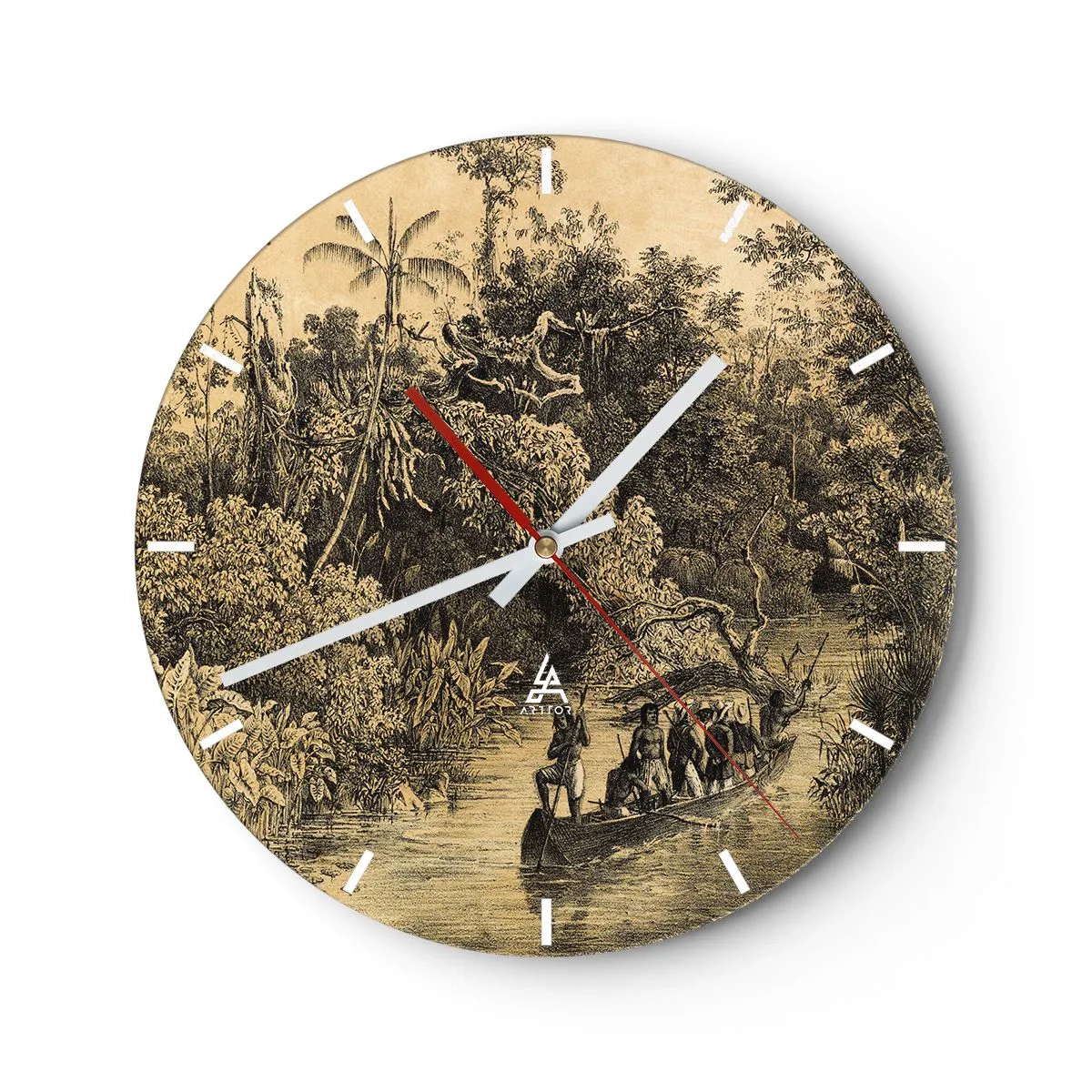 Wanduhr - Glasuhr - Retro-Illustration einer tropischen Dschungelexpedition - 30x30cm - Expedition zur Quelle - Moderne Wanddekoration für Wohnzimmer, Küche und Schlafzimmer ARTTOR