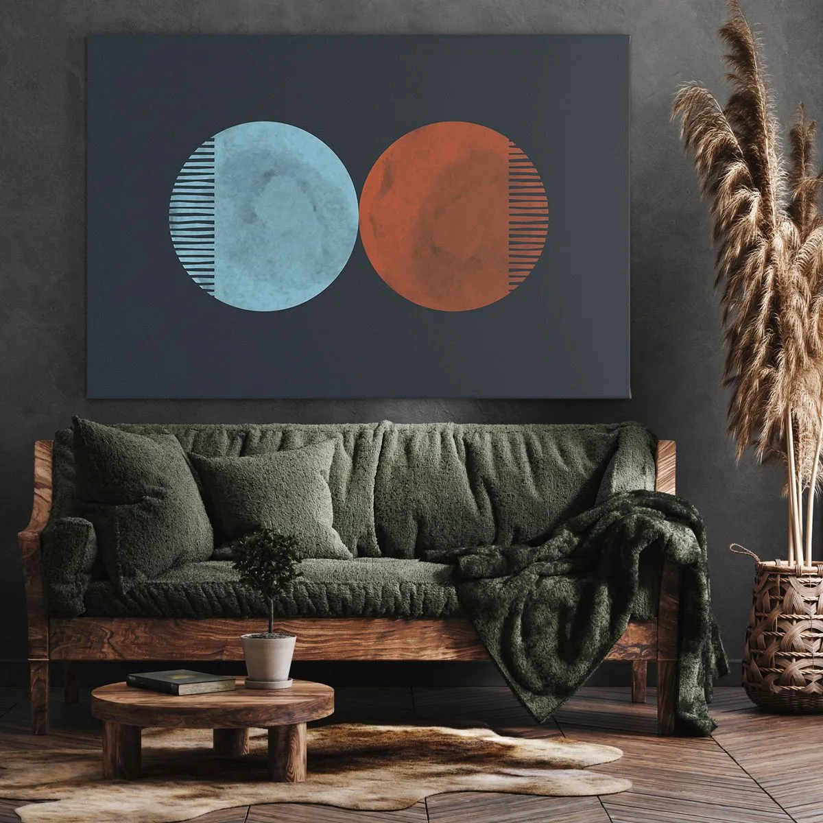 Bild auf Leinwand - Leinwandbild - Minimalistisches Zweirad-Design in Blau und Orange - 120x80cm - Nur Geometrie? - Moderne Wanddekoration für Wohnzimmer und Schlafzimmer ARTTOR