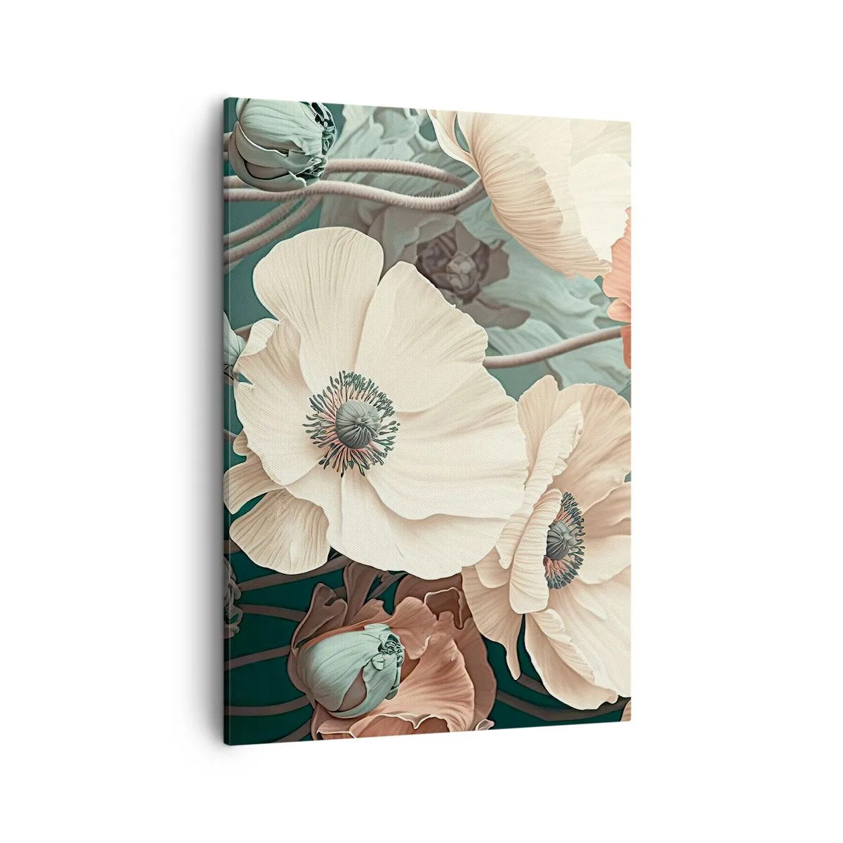Bild auf Leinwand - Leinwandbild - Elegante Blumen in Pastelltönen auf grünem Hintergrund - 50x70cm - Flüstern von Mohnblumen - Moderne Wanddekoration für Wohnzimmer und Schlafzimmer ARTTOR
