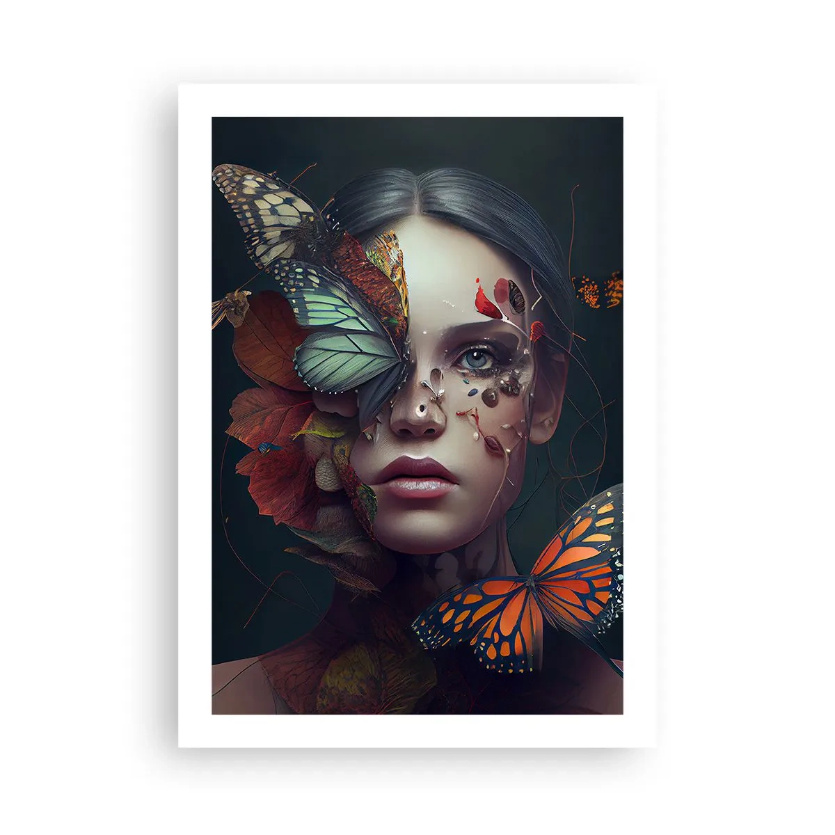 Poster - Porträt einer Frau mit Schmetterlingen und Blättern - 50x70cm - Wunderbare Metamorphose - Moderne Wanddekoration für Wohnzimmer und Schlafzimmer ARTTOR