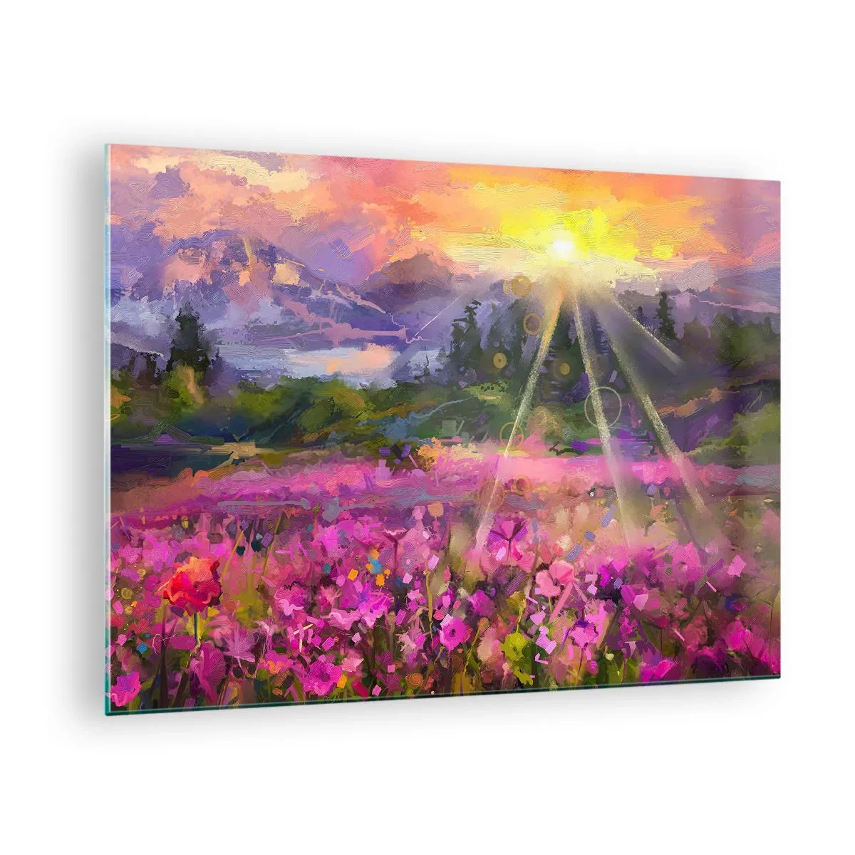 Glasbild - Bild auf glas - Ein malerisches Tal voller Blumen, beleuchtet von den Sonnenstrahlen - 70x50cm - Im Tal unter dem Schutz der Sonne - Moderne Wanddekoration für Wohnzimmer und Schlafzimmer ARTTOR