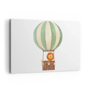 Bild auf Leinwand - Leinwandbild - Ein Ballon mit einem lächelnden Löwen in einem pastellfarbenen Korb - 100x70cm - Leons Reisen - Moderne Wanddekoration für Wohnzimmer und Schlafzimmer ARTTOR