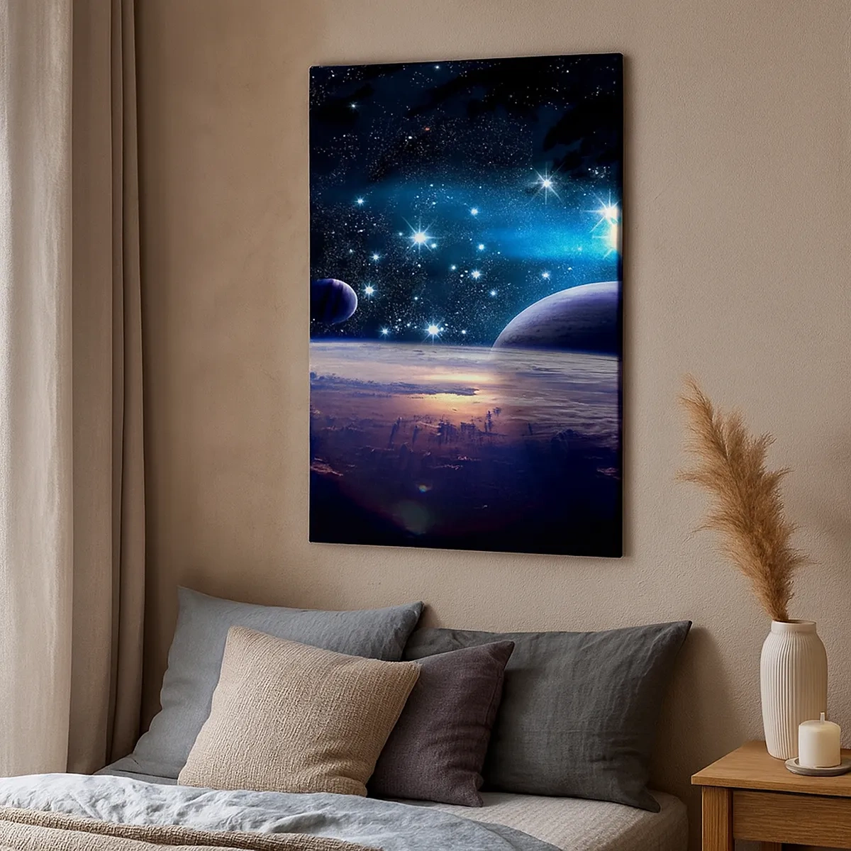 Bild auf Leinwand - Leinwandbild - Ein Blick in den Weltraum mit Planeten und Sternen - 50x70cm - Noch allein? - Moderne Wanddekoration für Wohnzimmer und Schlafzimmer ARTTOR