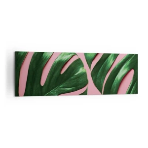 Bild auf Leinwand - Leinwandbild - Grüne Monstera-Blätter auf rosa Hintergrund - 160x50cm - Rendezvous im Grünen - Moderne Wanddekoration für Wohnzimmer und Schlafzimmer ARTTOR