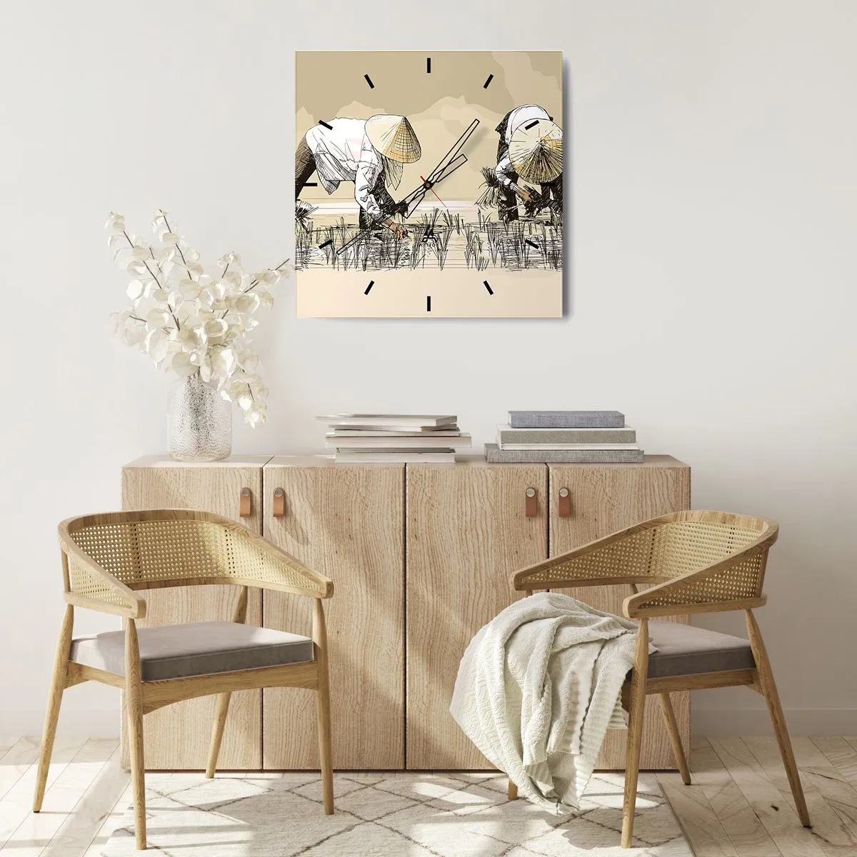 Wanduhr - Glasuhr - Bauern bei der Arbeit auf einem Reisfeld mit traditioneller Kopfbedeckung - 30x30cm - Erfolgreiche Ernte - Moderne Wanddekoration für Wohnzimmer und Schlafzimmer ARTTOR