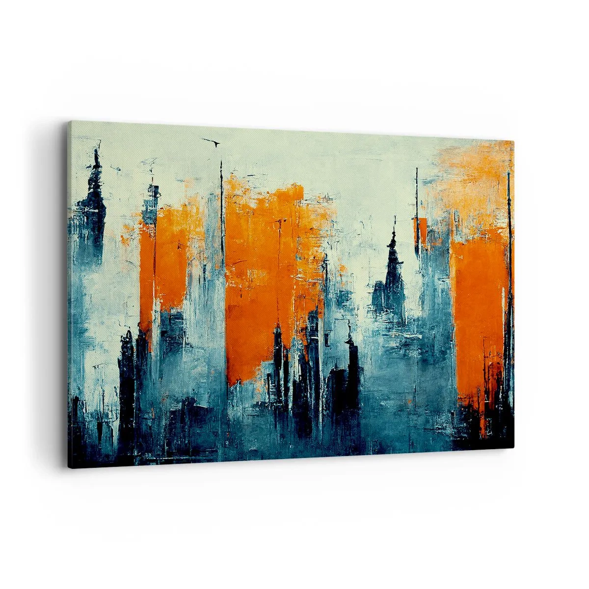 Bild auf Leinwand - Leinwandbild - Abstrakte Stadtlandschaft in Orange- und Blautönen - 100x70cm - Moderne Landschaft - Moderne Wanddekoration für Wohnzimmer und Schlafzimmer ARTTOR