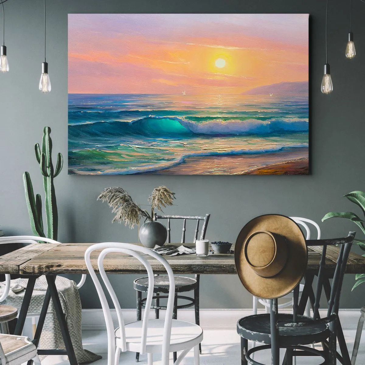 Bild auf Leinwand - Leinwandbild - Meereslandschaft mit Sonnenuntergang - 70x50cm - Ein türkisfarbenes Lied der Wellen - Moderne Wanddekoration für Wohnzimmer und Schlafzimmer ARTTOR