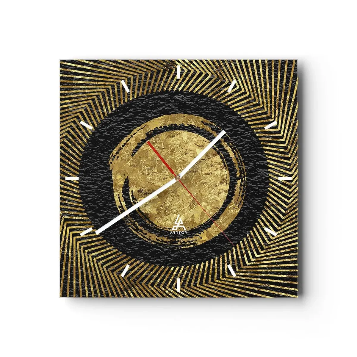 Wanduhr - Glasuhr - Geometrische Komposition in Schwarz und Gold mit Strahlen - 30x30cm - Glamour-Komposition - Moderne Wanddekoration für Wohnzimmer und Schlafzimmer ARTTOR