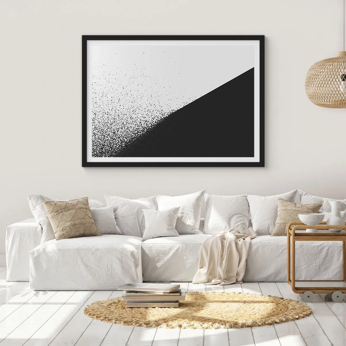 Poster in einem schwarzem Rahmen - Minimalistische Abstraktion in Schwarz und Weiß mit verstreuten Punkten - 70x50cm - Immer schneller, immer mehr - Moderne Wanddekoration für Wohnzimmer und Schlafzimmer ARTTOR
