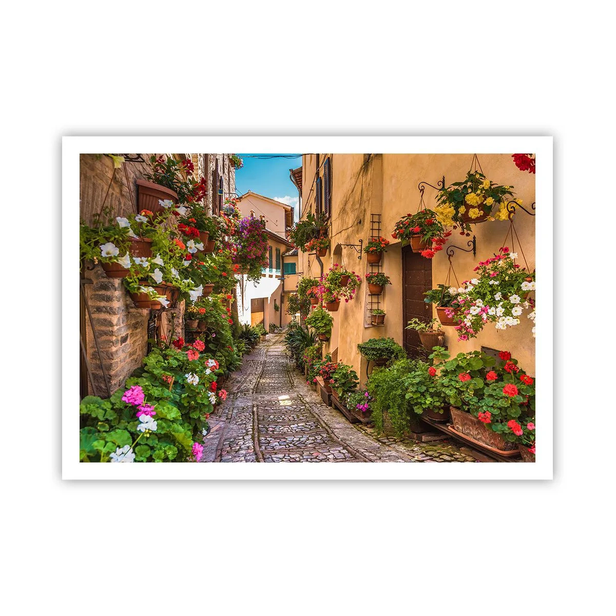 Poster - Eine bezaubernde Straße voller Blumen und Blumentöpfe - 100x70cm - Italienische Gasse - Moderne Wanddekoration für Wohnzimmer und Schlafzimmer ARTTOR