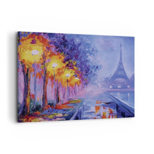 Bild auf Leinwand - Leinwandbild - Eine Allee mit Lampen in Paris mit dem Eiffelturm im Hintergrund - 120x80cm - Ein Traumspaziergang - Moderne Wanddekoration für Wohnzimmer und Schlafzimmer ARTTOR