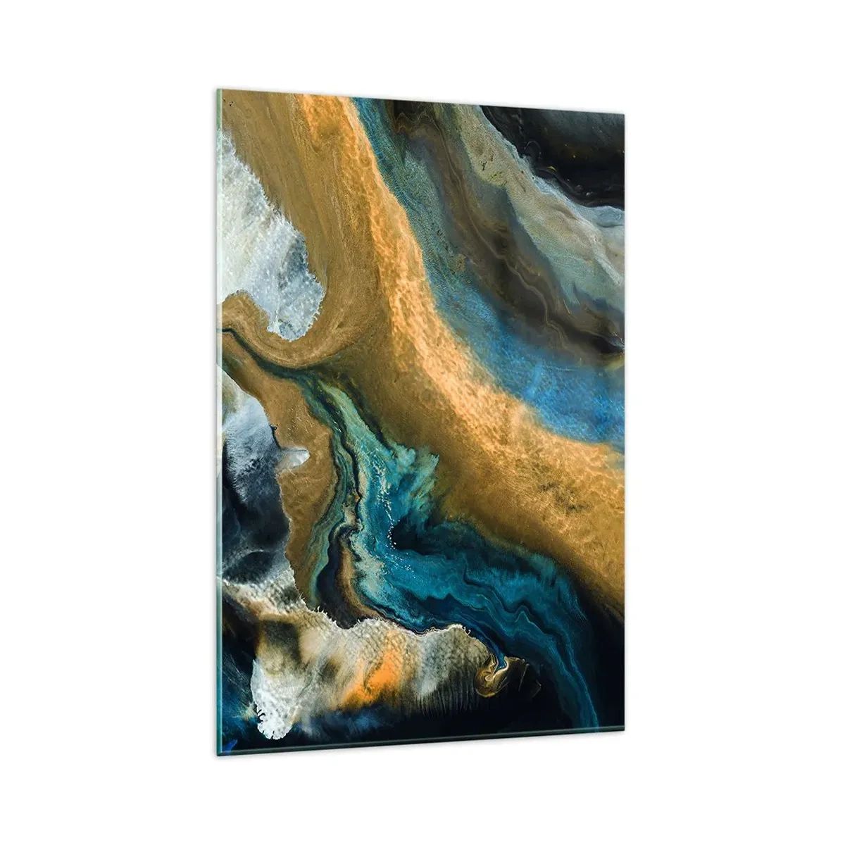 Glasbild - Bild auf glas - Abstrakte Wellen in Gold- und Blautönen - 80x120cm - Blau - Gelb - gegenseitige Beeinflussung - Moderne Wanddekoration für Wohnzimmer und Schlafzimmer ARTTOR