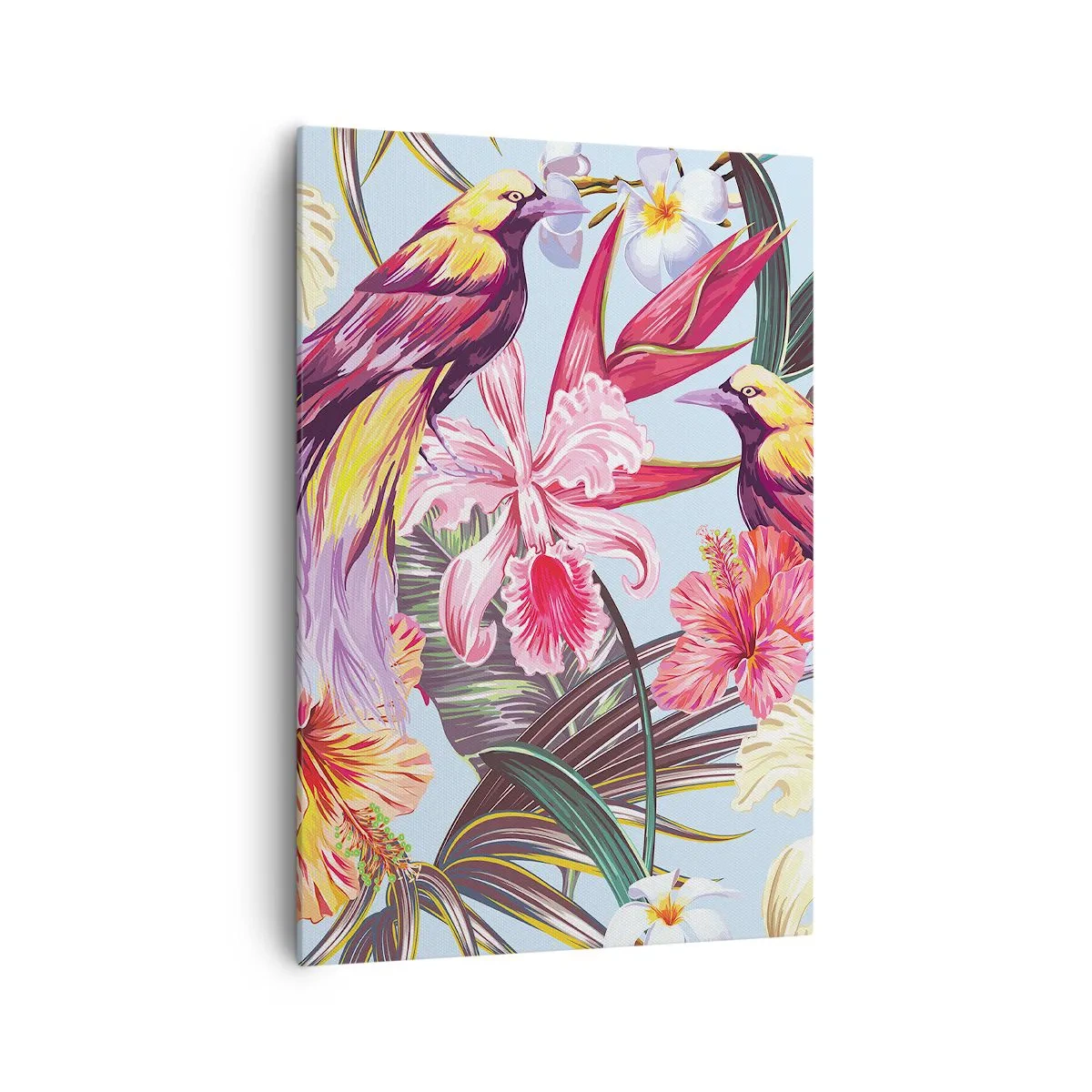 Bild auf Leinwand - Leinwandbild - Exotische Vögel zwischen tropischen Blumen - 70x100cm - Blütenblätter und Federn - Moderne Wanddekoration für Wohnzimmer und Schlafzimmer ARTTOR