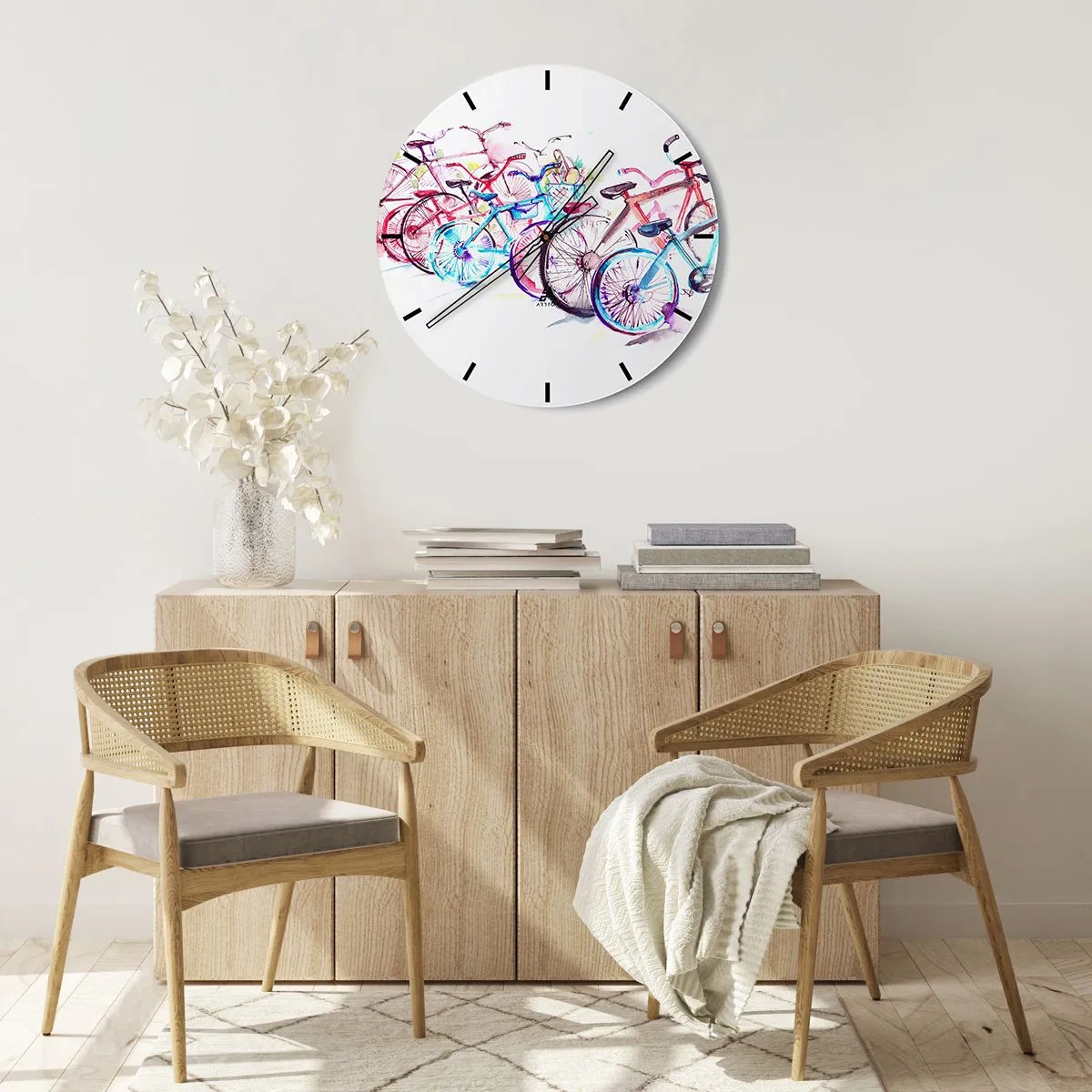 Wanduhr - Glasuhr - Aquarell Fahrräder in leuchtenden Farben auf weißem Hintergrund - 30x30cm - Kongress des Antimoto-Clubs - Moderne Wanddekoration für Wohnzimmer, Küche und Schlafzimmer ARTTOR