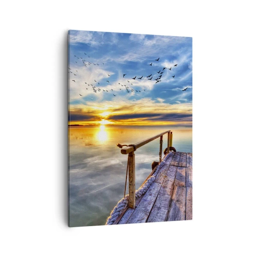 Bild auf Leinwand - Leinwandbild - Holzsteg über dem See bei Sonnenuntergang - 50x70cm - Der Wind geht zur Ruhe - Moderne Wanddekoration für Wohnzimmer und Schlafzimmer ARTTOR