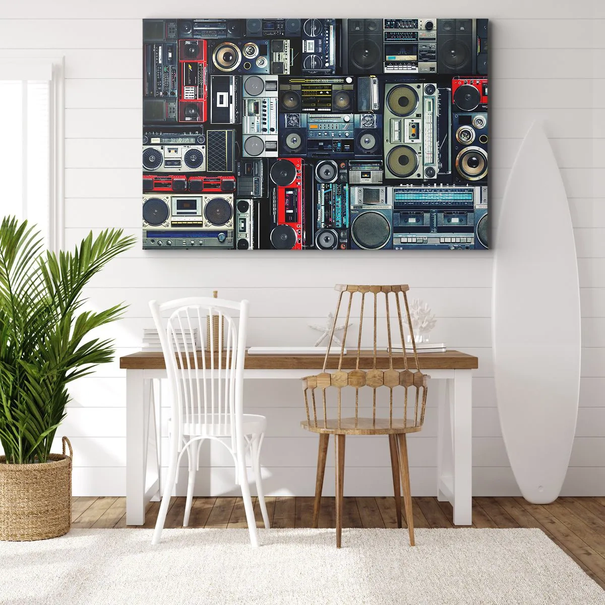 Bild auf Leinwand - Leinwandbild - Eine Collage aus Retro-Tonbandgeräten und Vintage-Lautsprechern. - 70x50cm - Sehnsucht nach den 1980er Jahren - Moderne Wanddekoration für Wohnzimmer und Schlafzimmer ARTTOR