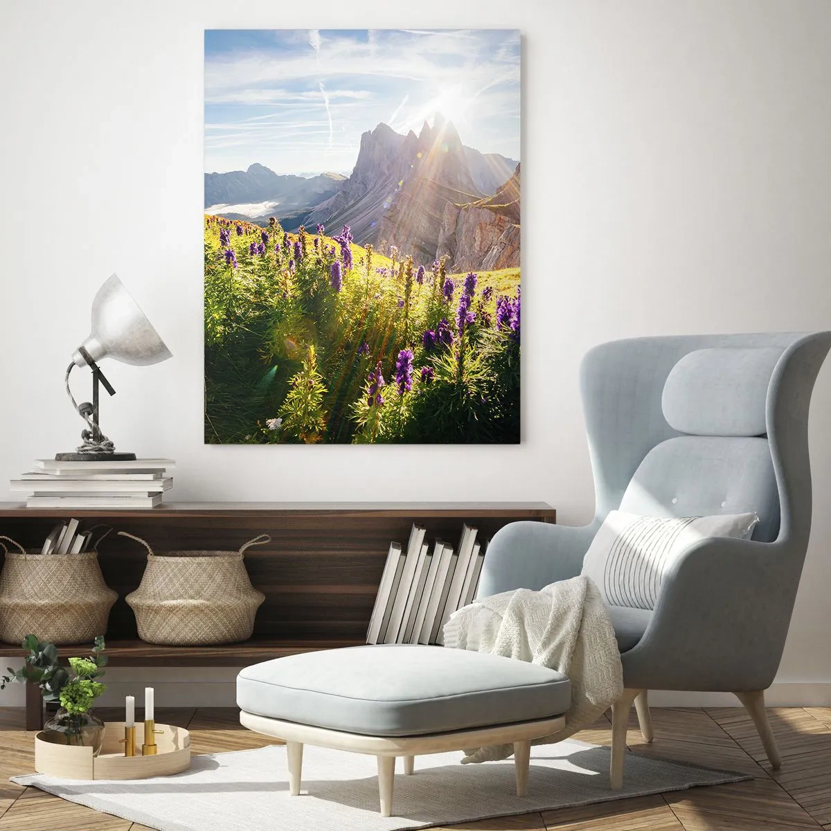 Glasbild - Bild auf glas - Berglandschaft mit Blumen im Licht der aufgehenden Sonne - 70x100cm - Das geheime Leben der Kräuter - Moderne Wanddekoration für Wohnzimmer und Schlafzimmer ARTTOR