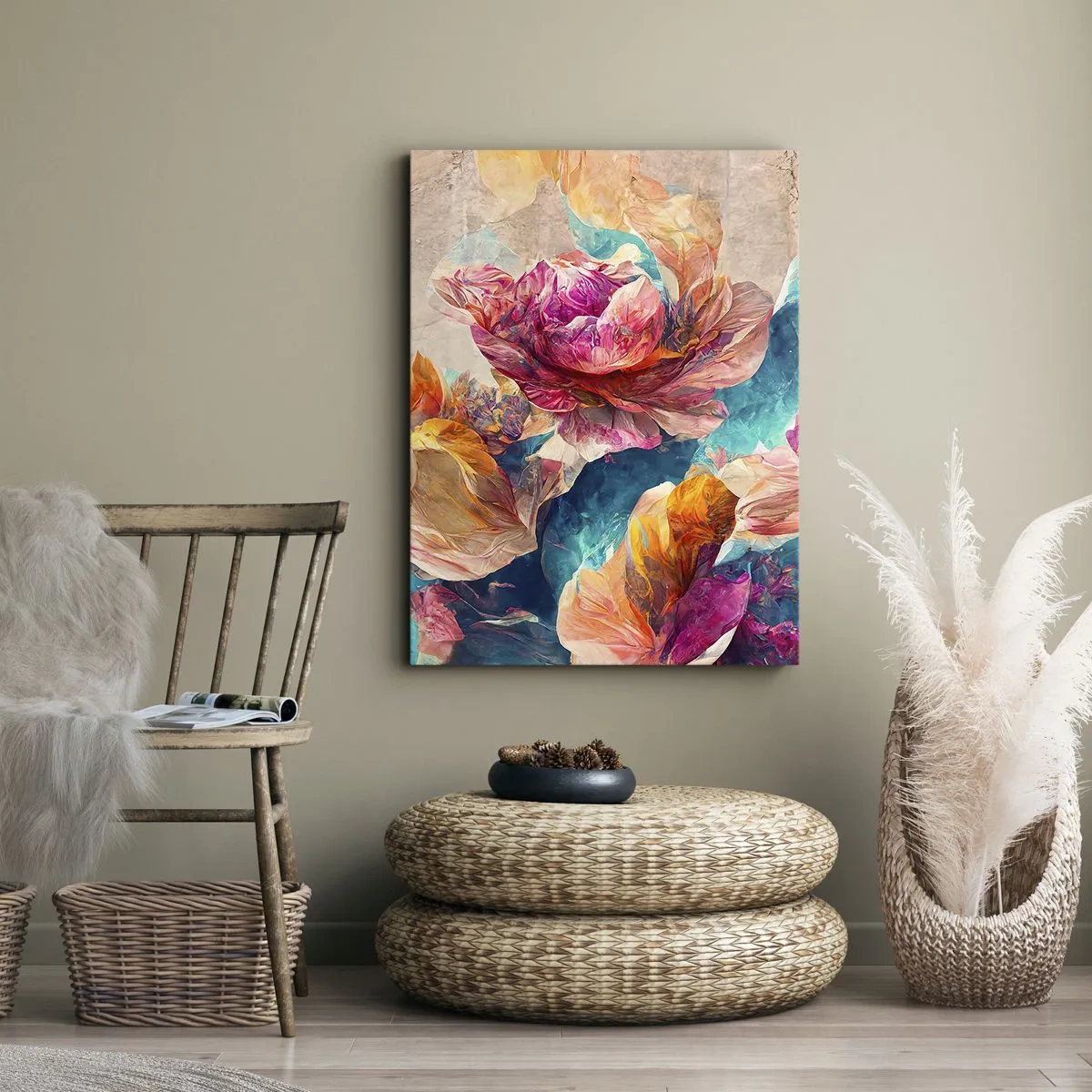 Bild auf Leinwand - Leinwandbild - Bunte Blumen auf beigem Hintergrund - 50x70cm - Farbenpracht des Straußes - Moderne Wanddekoration für Wohnzimmer und Schlafzimmer ARTTOR