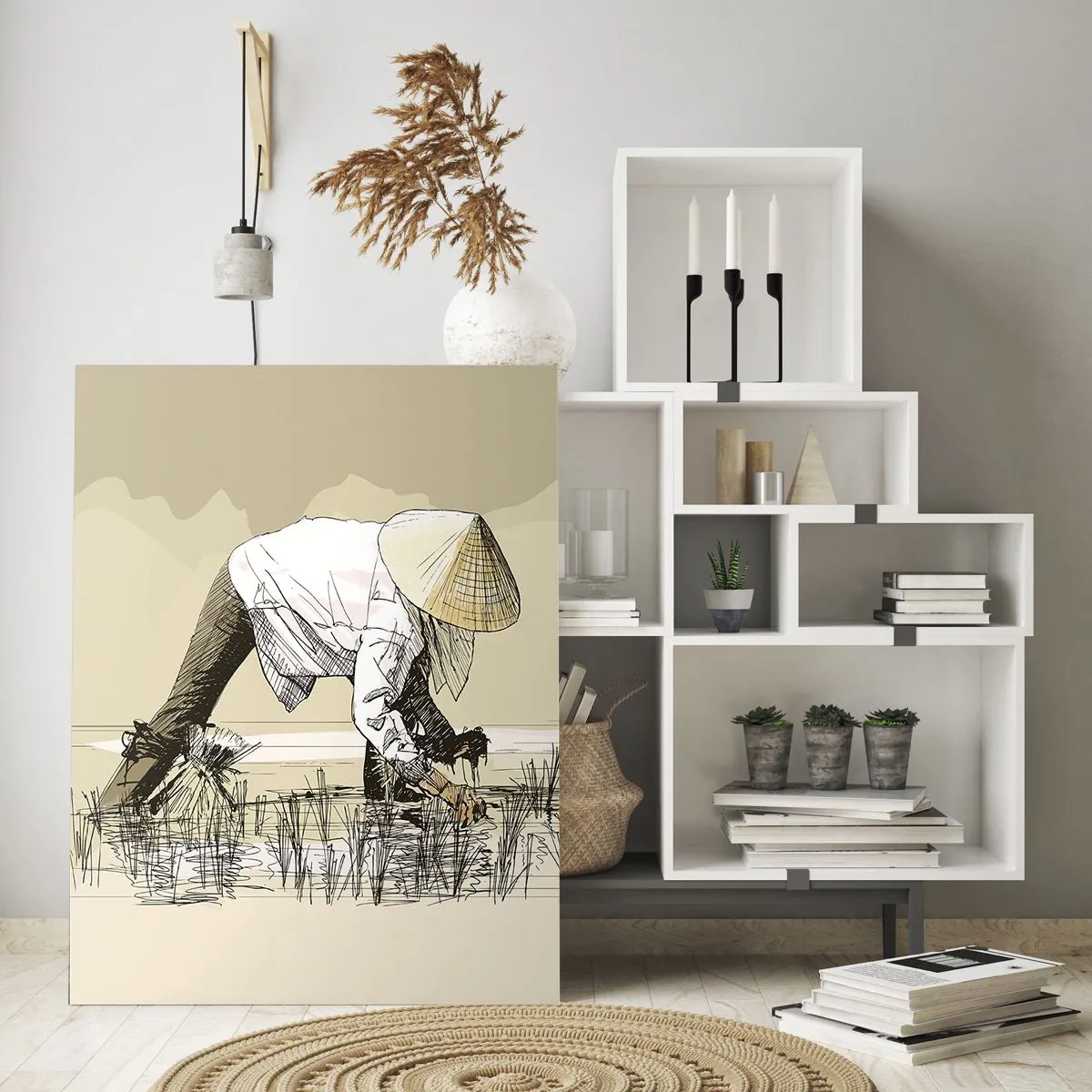 Glasbild - Bild auf glas - Eine minimalistische Illustration von Bauern bei der Arbeit - 50x70cm - Erfolgreiche Ernte - Moderne Wanddekoration für Wohnzimmer und Schlafzimmer ARTTOR