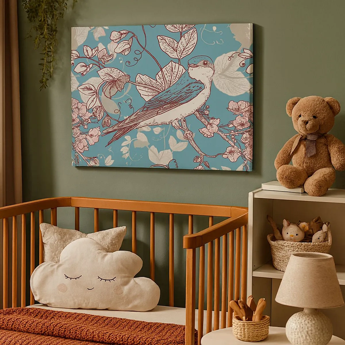 Bild auf Leinwand - Leinwandbild - Ein Vogel auf einem Ast in einem zarten Blumenstil - 70x50cm - Im Weißholz von Rot und Silber - Moderne Wanddekoration für Wohnzimmer und Schlafzimmer ARTTOR