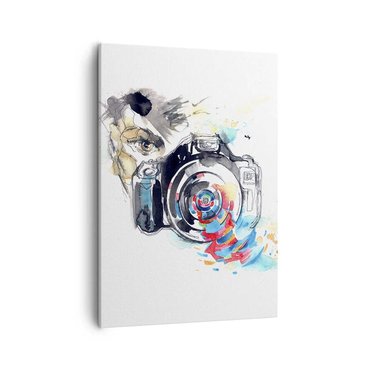Bild auf Leinwand - Leinwandbild - Aquarellkamera mit farbenfrohen Details - 50x70cm - Im Auge der Linse - Moderne Wanddekoration für Wohnzimmer und Schlafzimmer ARTTOR