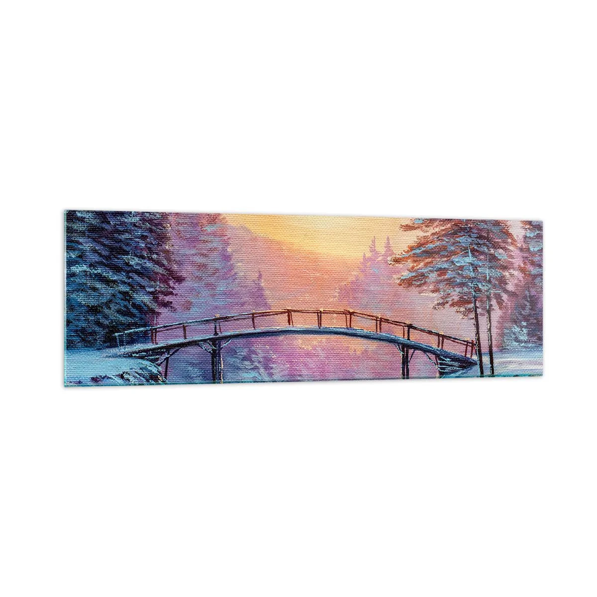 Glasbild - Bild auf glas - Winterlandschaft mit einer vom Sonnenuntergang beleuchteten Brücke - 160x50cm - Vier Jahreszeiten - Winter - Moderne Wanddekoration für Wohnzimmer und Schlafzimmer ARTTOR