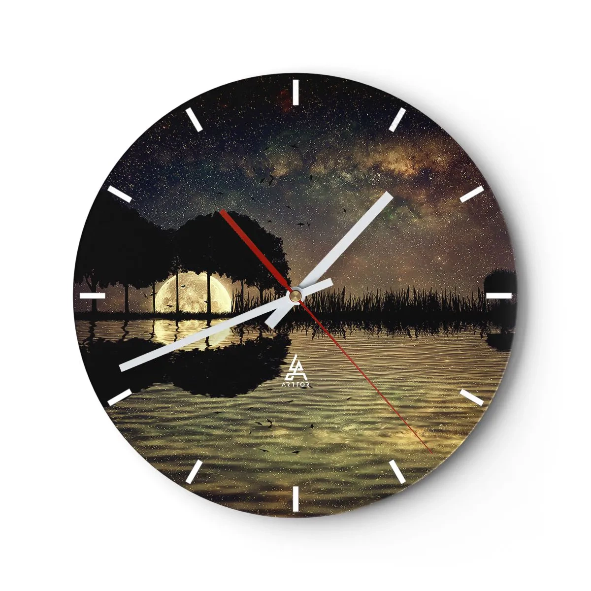 Wanduhr - Glasuhr - Landschaft mit See, Bäumen und Sternenhimmel bei Nacht - 30x30cm - Nacht am Ende der Welt - Moderne Wanddekoration für Wohnzimmer, Küche und Schlafzimmer ARTTOR
