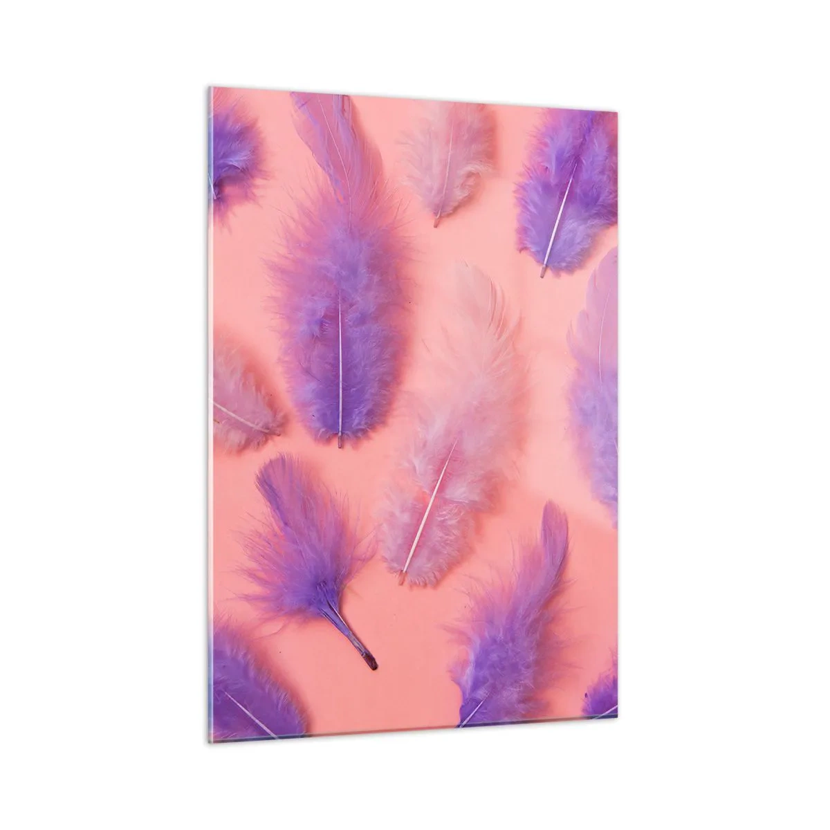 Glasbild - Bild auf glas - Lila Federn auf rosa Hintergrund in einer zarten Komposition - 50x70cm - Lila Vogel der Begierde - Moderne Wanddekoration für Wohnzimmer und Schlafzimmer ARTTOR
