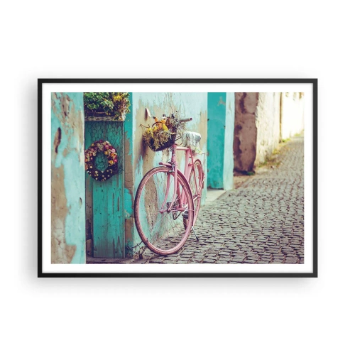 Poster in einem schwarzem Rahmen - Ein rosa Fahrrad neben einer türkisfarbenen Tür - 100x70cm - Ich komme gleich wieder - Moderne Wanddekoration für Wohnzimmer und Schlafzimmer ARTTOR