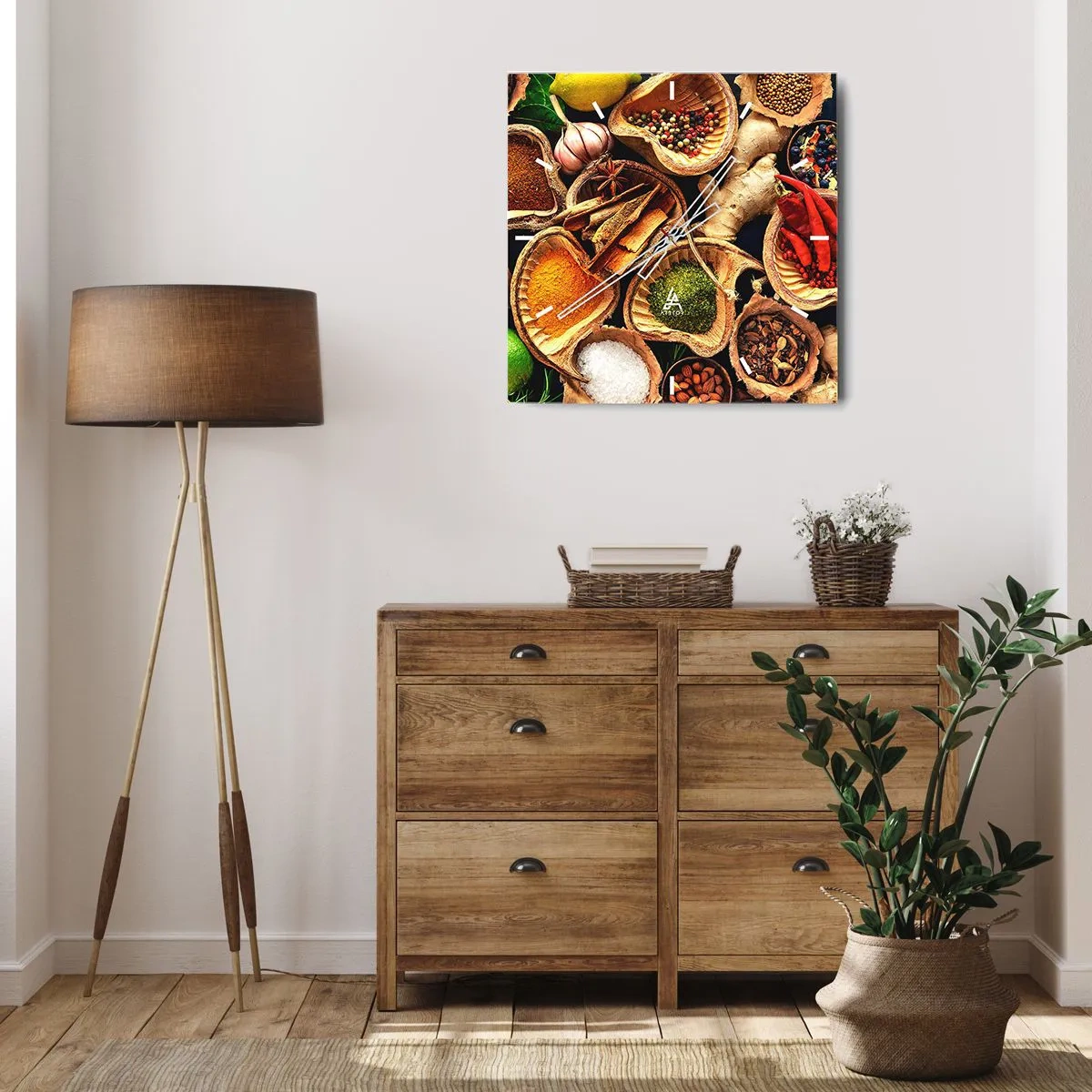 Wanduhr - Glasuhr - Schalen mit Gewürzen in verschiedenen Farben - 30x30cm - Nimm was du willst - Moderne Wanddekoration für Wohnzimmer und Schlafzimmer ARTTOR