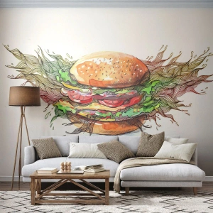Fototapete Premium Sand - Künstlerische Darstellung eines Burgers mit ausgefallenen Details - 100x70cm - Heiße Versuchung - Moderne Wanddekoration für Wohnzimmer und Schlafzimmer ARTTOR