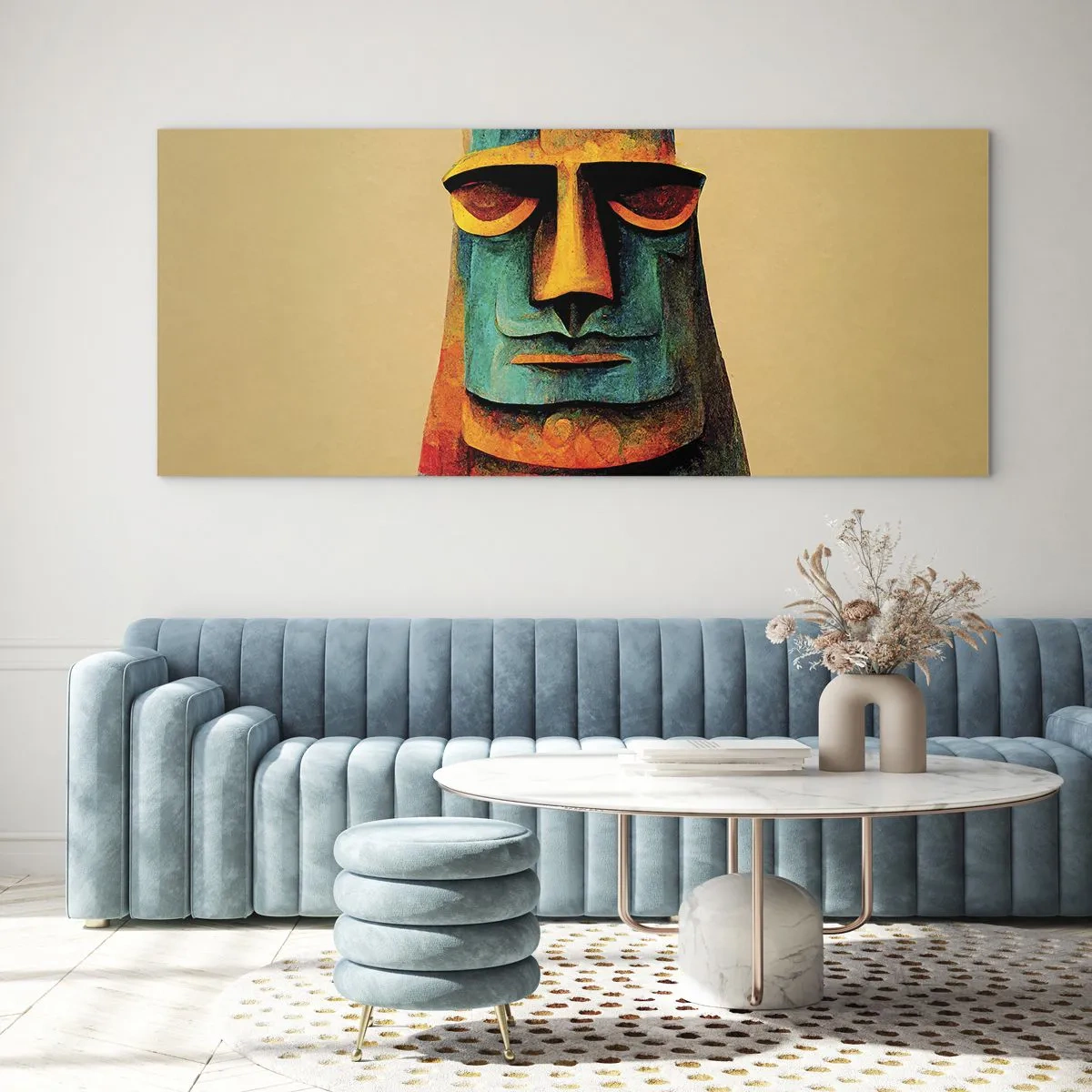 Glasbild - Bild auf glas - Bunte Statue von der Osterinsel - 120x50cm - Statuenhaft und sympathisch - Moderne Wanddekoration für Wohnzimmer und Schlafzimmer ARTTOR