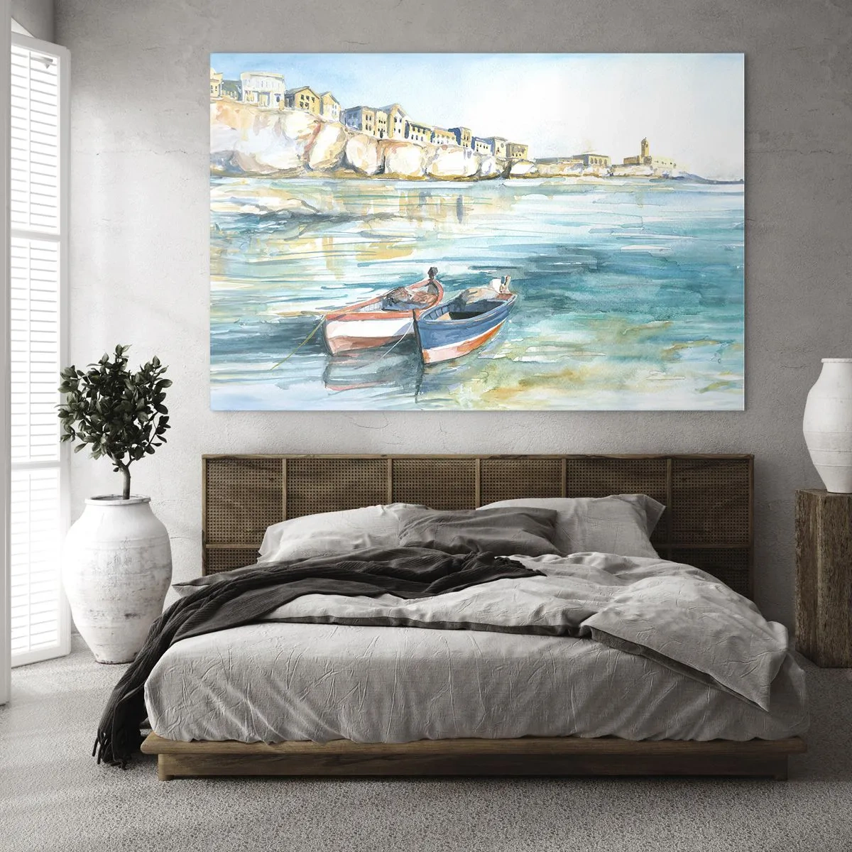 Glasbild - Bild auf glas - Eine aquamarinblaue Bucht mit Booten und Gebäuden auf der Klippe - 70x50cm - Landschaft in Azurblau - Moderne Wanddekoration für Wohnzimmer und Schlafzimmer ARTTOR