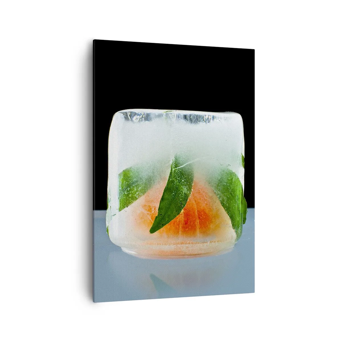 Bild auf Leinwand - Leinwandbild - Eiswürfel mit Orange und Blättern - 70x100cm - Frisch und kühl - Moderne Wanddekoration für Wohnzimmer und Schlafzimmer ARTTOR