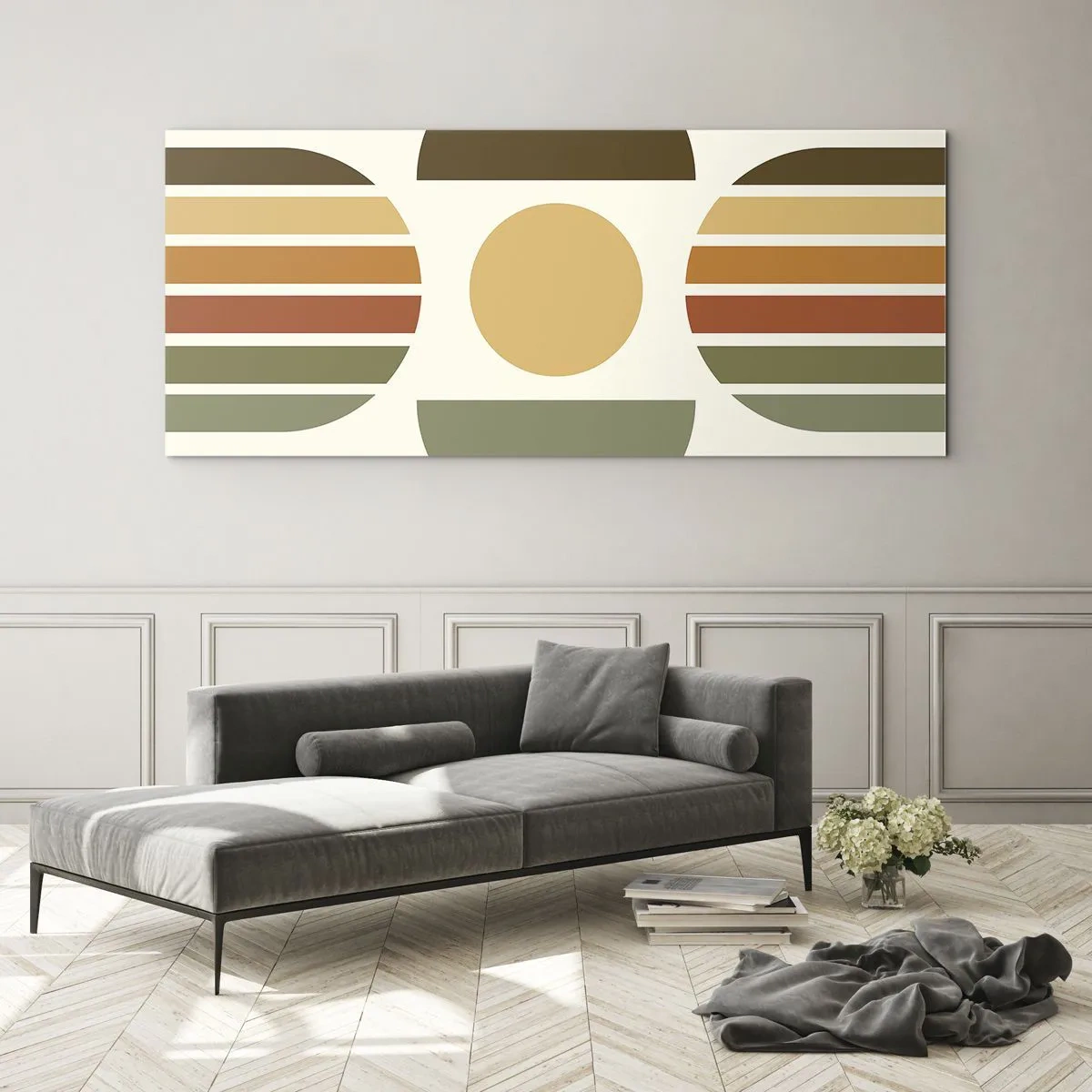 Glasbild - Bild auf glas - Geometrische Komposition mit Halbkreisen und Streifen in Erdtönen - 120x50cm - In Erdtönen - Moderne Wanddekoration für Wohnzimmer und Schlafzimmer ARTTOR