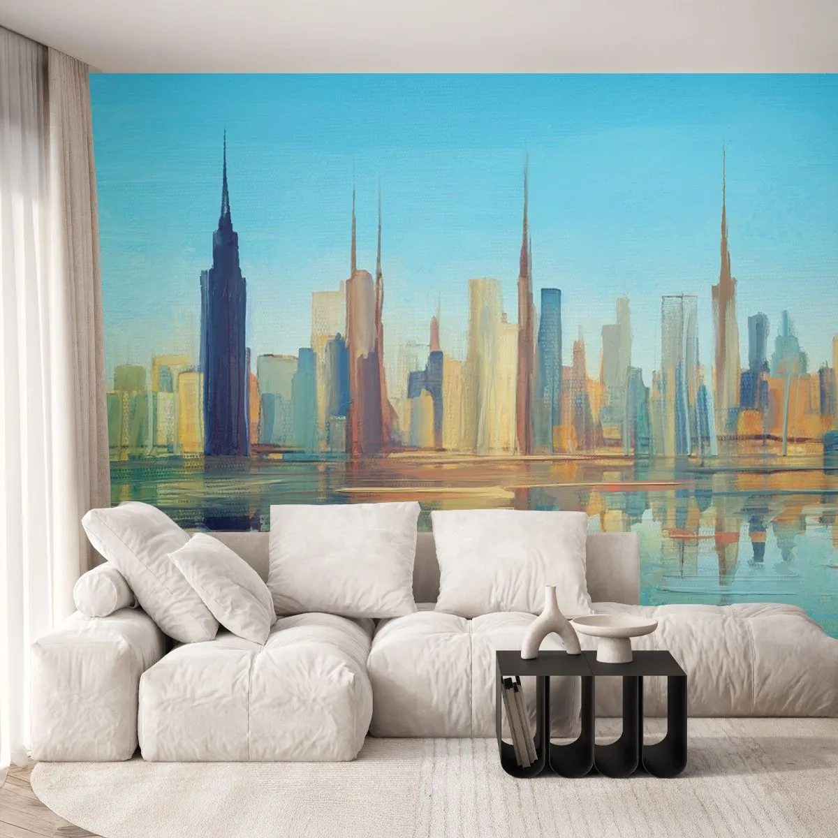 Fototapete Premium Sand - Das Panorama der Metropole spiegelt sich in warmen Farben im Wasser - 100x70cm - Sonnige Metropole - Moderne Wanddekoration für Wohnzimmer und Schlafzimmer ARTTOR
