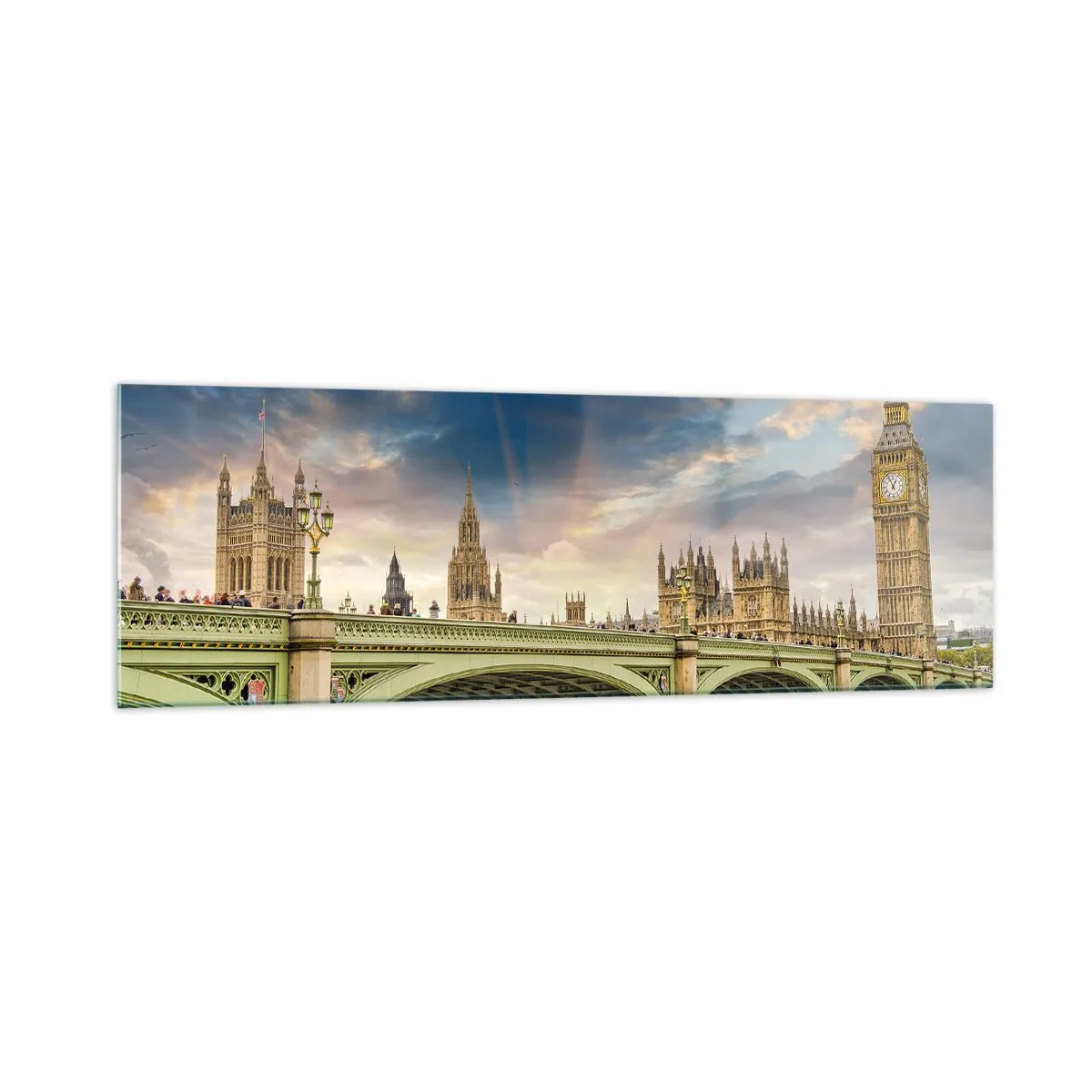 Glasbild - Bild auf glas - Big Ben und Westminster Bridge gegen den Himmel in der Abenddämmerung - 160x50cm - Im Imperium ist die Zeit stehen geblieben - Moderne Wanddekoration für Wohnzimmer und Schlafzimmer ARTTOR